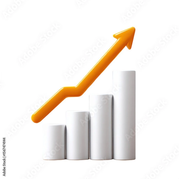 Fototapeta A white four-bar ascending graph with an orange upward arrow indicating growth or progress.