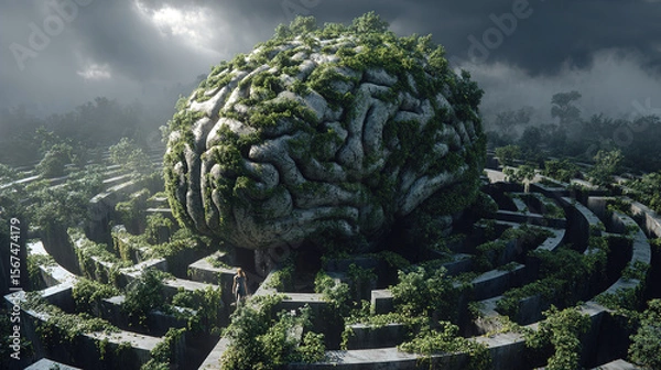 Fototapeta A colossal brain-shaped structure sits in the heart of a complex, overgrown maze, creating an intriguing surreal scene.