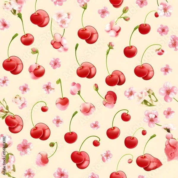 Fototapeta seamless cherry pattern, Vibrant Sweet Cherries and Delicate Pink Flowers Pattern for Summer Fruit Design
