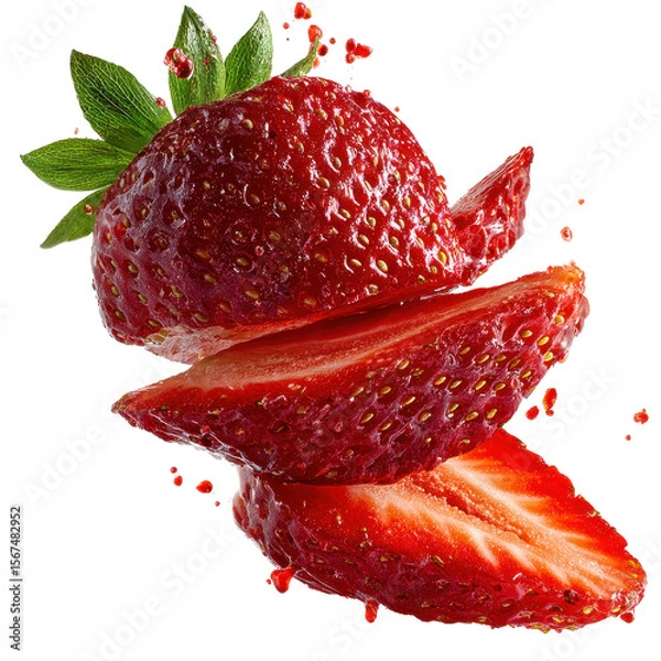 Fototapeta strawbeery slices floating isolated on transparent background