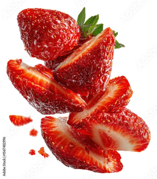 Fototapeta strawbeery slices floating isolated on transparent background