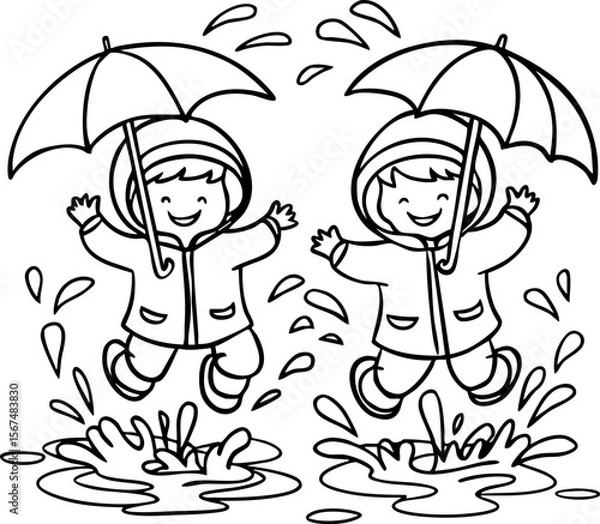 Obraz Kids Playing in the Rain with Umbrellas - Coloring Page.