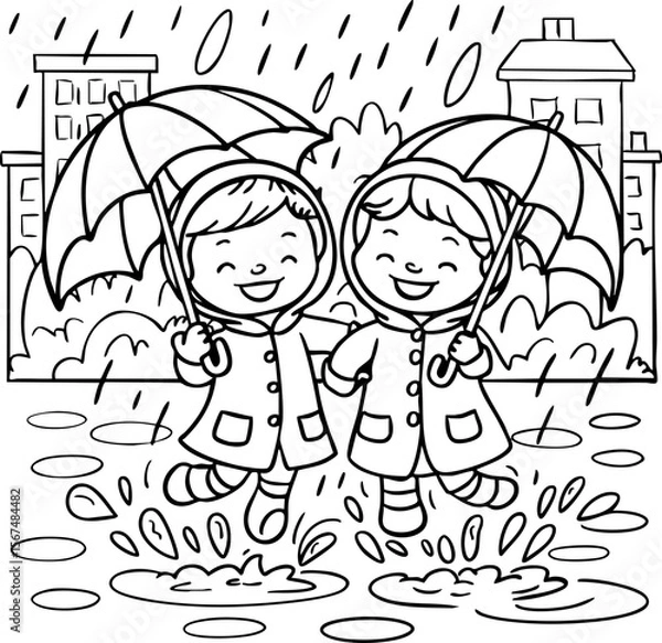 Obraz Kids Playing in the Rain with Umbrellas - Coloring Page.