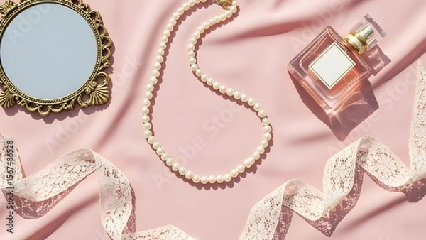 Fototapeta Flat Lay of Coquette Aesthetic Accessories on Pink Fabric