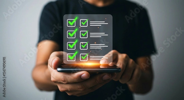 Fototapeta Person holding a phone with a digital checklist with green check marks and horizontal lines shown on screen