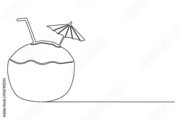 Obraz Continuous one line drawing of Coconuts fruit beach. Single line drawing illustration of Coconut water. Summer holiday concept vector art. Doodle line illustration.