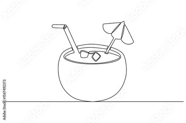 Obraz Continuous one line drawing of Coconuts fruit beach. Single line drawing illustration of Coconut water. Summer holiday concept vector art. Doodle line illustration.