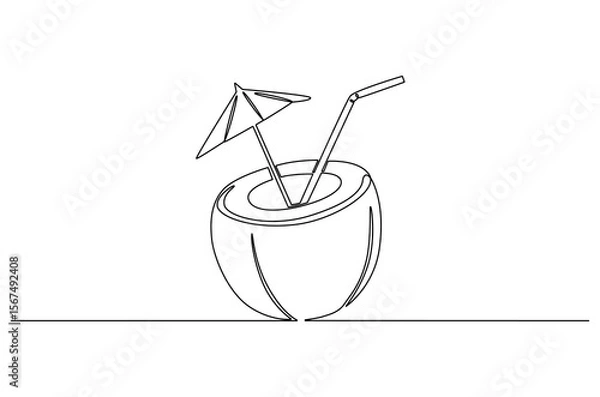 Obraz Continuous one line drawing of Coconuts fruit beach. Single line drawing illustration of Coconut water. Summer holiday concept vector art. Doodle line illustration.