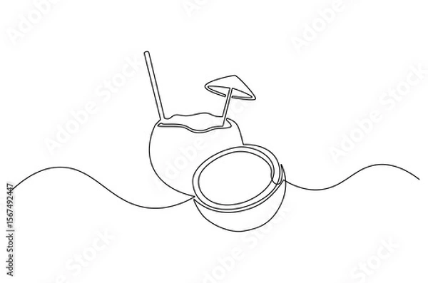 Obraz Continuous one line drawing of Coconuts fruit beach. Single line drawing illustration of Coconut water. Summer holiday concept vector art. Doodle line illustration.