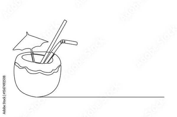 Obraz Continuous one line drawing of Coconuts fruit beach. Single line drawing illustration of Coconut water. Summer holiday concept vector art. Doodle line illustration.