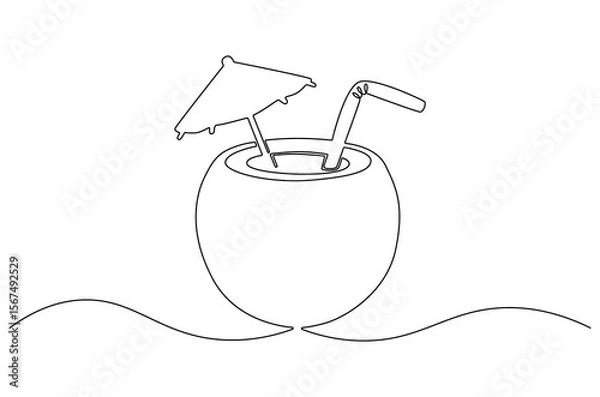 Obraz Continuous one line drawing of Coconuts fruit beach. Single line drawing illustration of Coconut water. Summer holiday concept vector art. Doodle line illustration.
