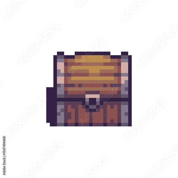 Fototapeta Pixel art of a closed wooden treasure chest with metal reinforcements, loot containers or objects in 2D games.