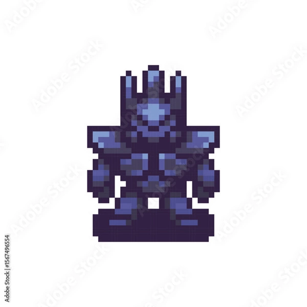 Fototapeta Pixel art of a blue-armored fantasy warrior character, RPGs or retro platformer games, bold design with strong silhouette for enemy or boss roles.