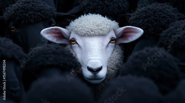 Fototapeta A lone white sheep stands tall among black sheep embodying uniqueness and leadership in a conforming world. An exceptional individual a solitary white lamb displays outstanding qualities