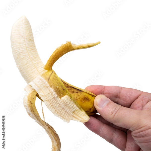 Fototapeta banane épluchée dans une main, PNG fond transparent