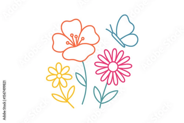 Fototapeta Colorful line drawing of floral elements and butterfly in a whimsical style showcasing nature's beauty and vibrancy