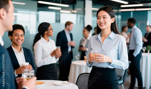 Fototapeta Successful businesswoman attending a corporate networking event with diverse colleagues in a modern office setting