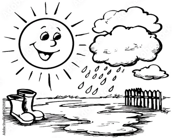 Obraz Happy sun, rain clouds, puddles, boots, and fence. Simple, childlike drawing