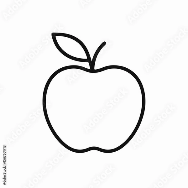 Fototapeta Minimalist apple line art icon with single leaf on top, black lines on white background