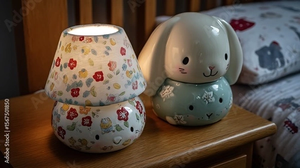 Obraz Illuminated mushroom & bunny nightlights on wooden surface