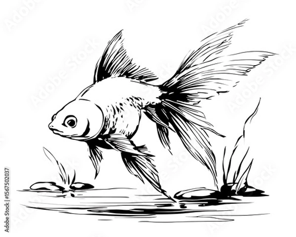 Obraz Ink sketch of goldfish, detailed fins, aquatic plants