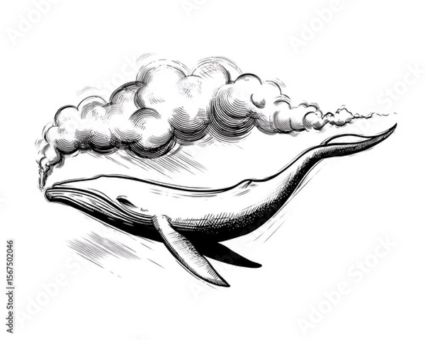 Obraz Ink sketch of a whale exhaling a cloud-like plume