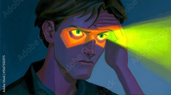 Obraz Intense gaze, illuminated eyes, thoughtful expression.  Hand touches forehead