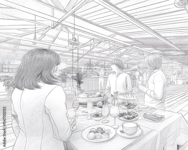 Obraz Interior sketch of a large open-plan dining area with people