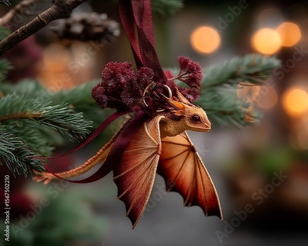 Obraz Intricate handcrafted dragon ornament hangs from a Christmas tree branch, showcasing autumnal colors and detailed wings