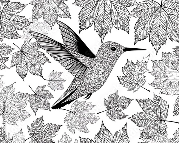 Obraz Intricate hummingbird amidst detailed maple leaves.  Monochrome illustration