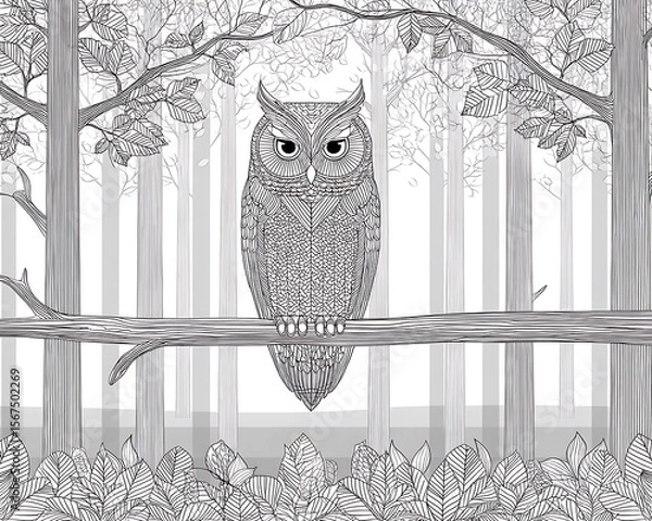 Obraz Intricate owl perched on a branch in a detailed forest scene.  Monochromatic design