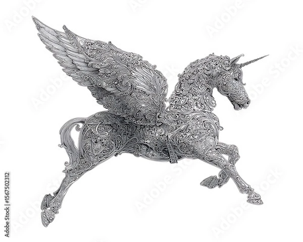 Obraz Intricate silver winged unicorn sculpture, detailed design, elegant pose