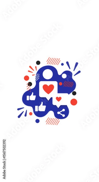 Fototapeta Abstract illustration of social media icons, including likes, shares, and hearts, on a white background.