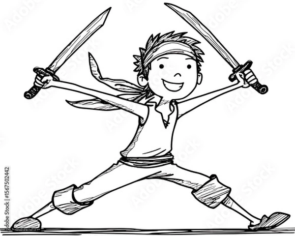Obraz Joyful cartoon pirate wielding two swords, dynamic pose