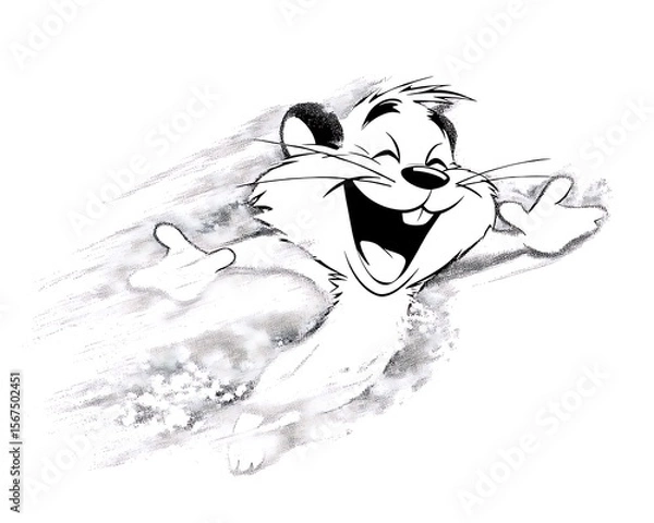 Obraz Joyful cartoon rodent in motion, sketched style, dynamic pose, monochrome