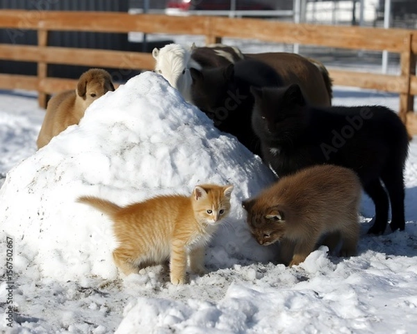Obraz Kittens and ponies playing in snowy winter scene.  Adorable animals enjoying the cold weather