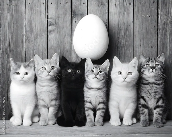 Obraz Kittens and egg on wooden planks