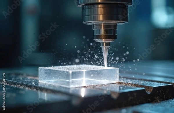 Fototapeta Precision manufacturing utilizes CNC milling machine cutting clear acrylic block. Coolant spray creates splatter effect during automated industrial production. High-tech engineering process with