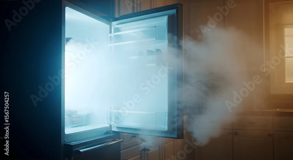 Fototapeta Dramatic shot of an open refrigerator door releasing visible cold mist into a warm kitchen.
