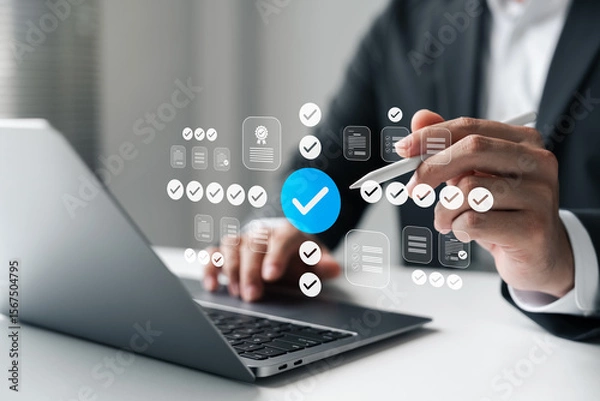 Fototapeta Digital task management and virtual checklist system for boosting productivity, improving workflow, and ensuring quality in modern business operations.