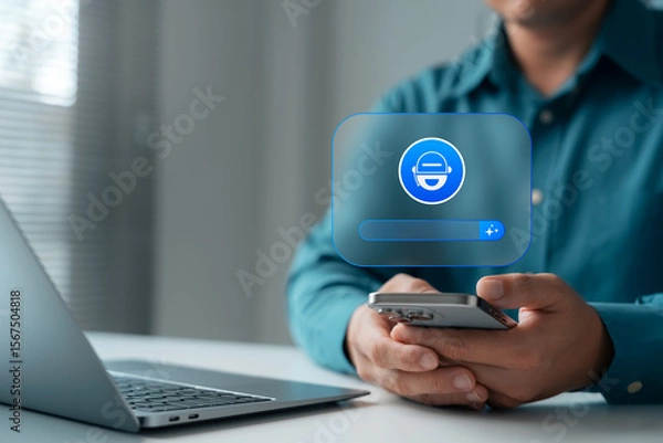 Fototapeta Chatbot technology and AI assistant on smartphone interface, representing digital innovation, virtual communication, and smart business solutions in modern tech environment.