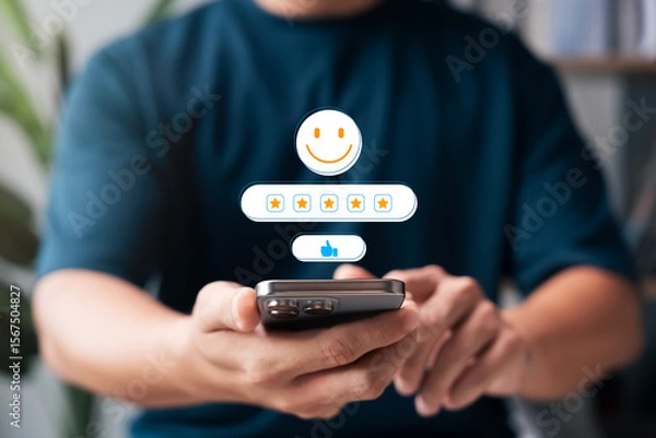 Fototapeta Customer satisfaction review concept showing person using smartphone with five-star rating, smiley face icon, thumbs up, positive feedback, digital service evaluation, and user experience rating.