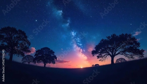 Fototapeta Silhouetted Trees Under Starlit Sky Nighttime Serenity and Introspection