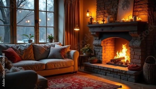 Fototapeta Cozy Fireplace Living Room Warm, Inviting Scene Perfect for Relaxation and Tranquility. Ideal for Autumn, Winter, or Hygge-Themed Projects. Embracing Comfort and Homeliness.