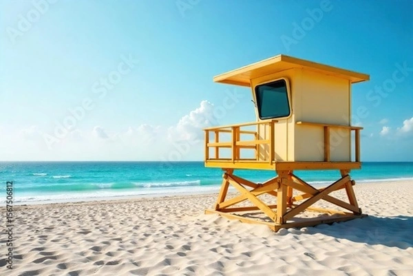 Fototapeta Elevated Lifeguard Station Overlooking Serene Sandy Beach and Calm Ocean Summer Safety and Coastal Relaxation
