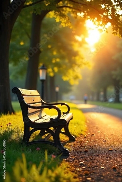 Fototapeta A warm, sunny day bathes a park bench in golden light, inviting relaxation and peaceful contemplation Perfect for projects needing a tranquil, summery feel , sunlight, warm