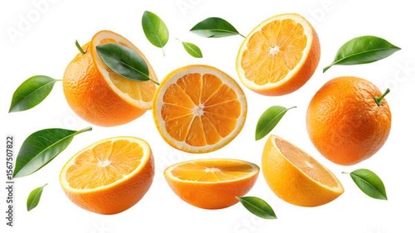 Fototapeta Oranges and leaves are scattered, isolated on transparent background