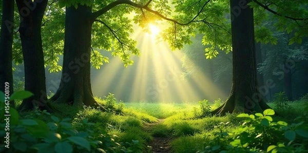Fototapeta A tranquil forest scene with gentle sunlight filtering through leaves, creating a peaceful and serene soundscape Ideal for relaxation, meditation, or nature documentaries , earthy tones, spring