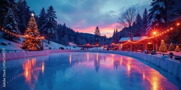 Fototapeta Ice Skating Rink at Twilight A Vibrant Winter Scene Glistening Under Soft Ambient Lighting, Perfect for Holiday and Seasonal Advertising
