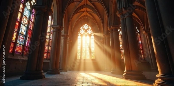 Fototapeta Sunbeams Dance Through Cathedral Stained Glass, Illuminating Dust Motes in Peaceful Tranquility.  Ancient stone architecture, spiritual atmosphere.